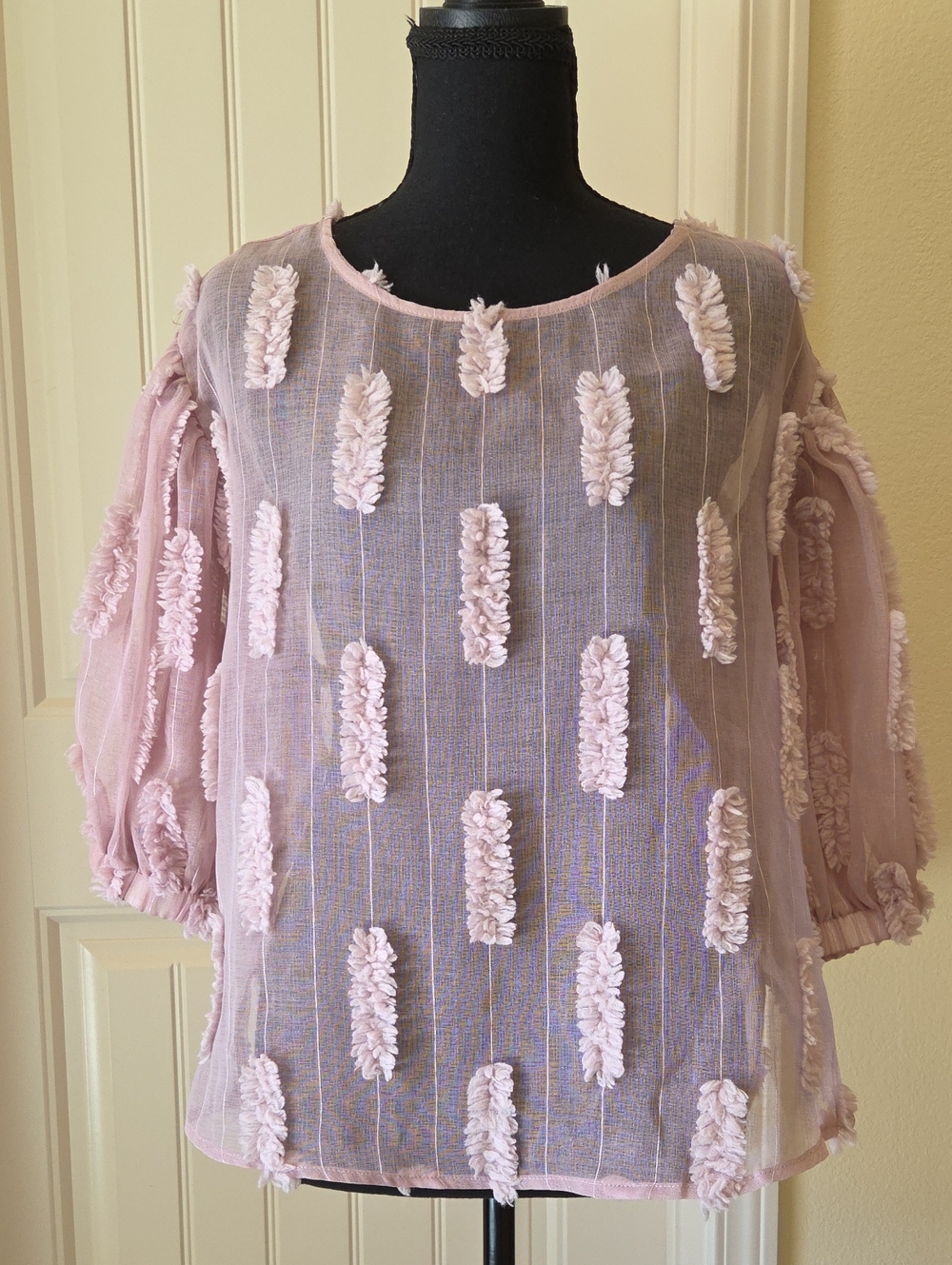 Women's Pink Sheer Textured Flutter Sleeve Top